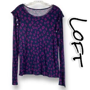 Loft Long Sleeve T-Shirt Navy Purple Leopard Ruffle Sleeve Womens Size Small
